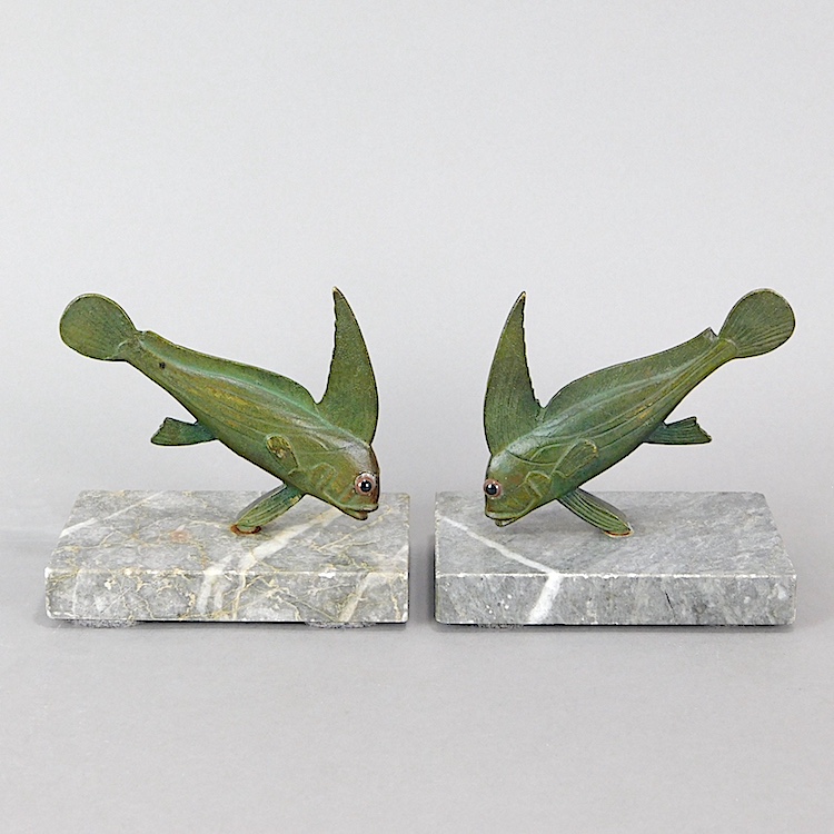 Art Deco French Spelter Fish Bookends on Marquinia Marble Bases